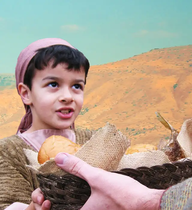 jewish boy with basket of fish and bread