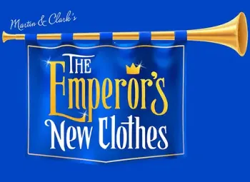 emperor's new clothes logo with trumpet