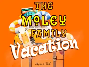 moley family vacation logo with  a bug car piled full of beach items