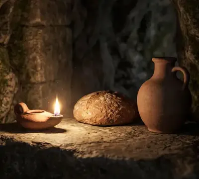 pone of bread with water jar and lamp in cave